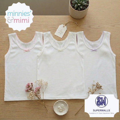 Cotton Tank Top with Ribbon and Fagotting T-3008-Small, Medium, Large Minnies' & Mimi for Toddlers 6 Months to 2 Years Old by 3 Pcs Available in Lavander, Pink and Cream