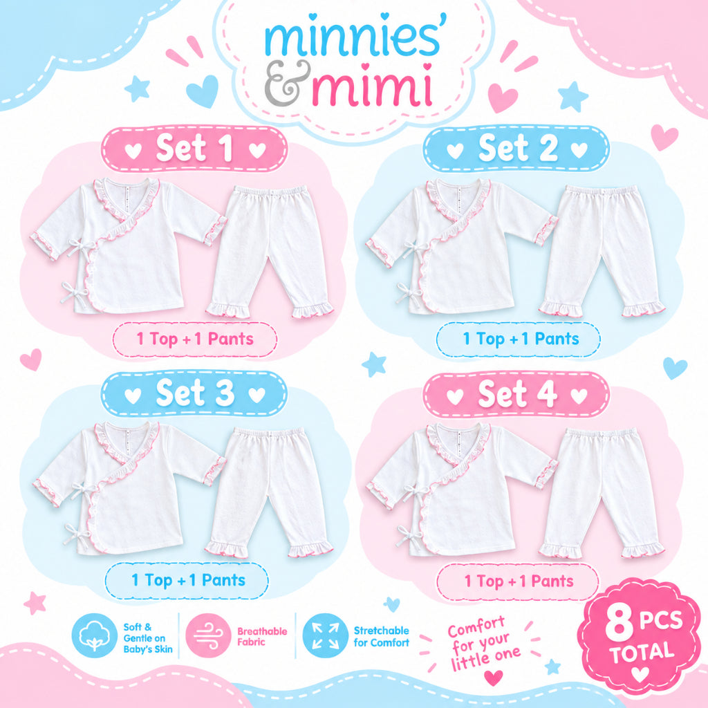 A promotional graphic for a baby clothing set showing four sets labeled Set 1 through Set 4, each with a white top and matching pants with pink trim. The image includes the text 'minnies & mimi' at the top, product descriptions below each set, and an '8 PCS TOTAL' badge in the lower right corner.