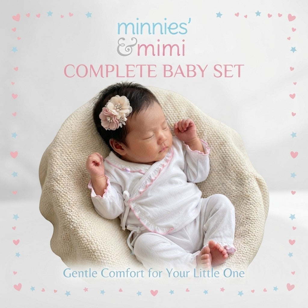 A sleeping newborn baby wearing a white and pink outfit, resting in a beige textured bassinet. The baby has a pink and beige flower hair clip.