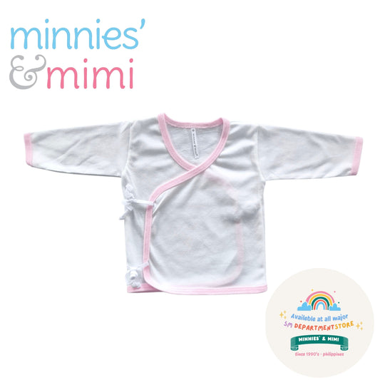 Minnies & Mimi Tie Side Long Sleeves with Color Trim 1Pc for New Born 0-3 Months Available in White, Pink, Blue Sizes Small Medium Large