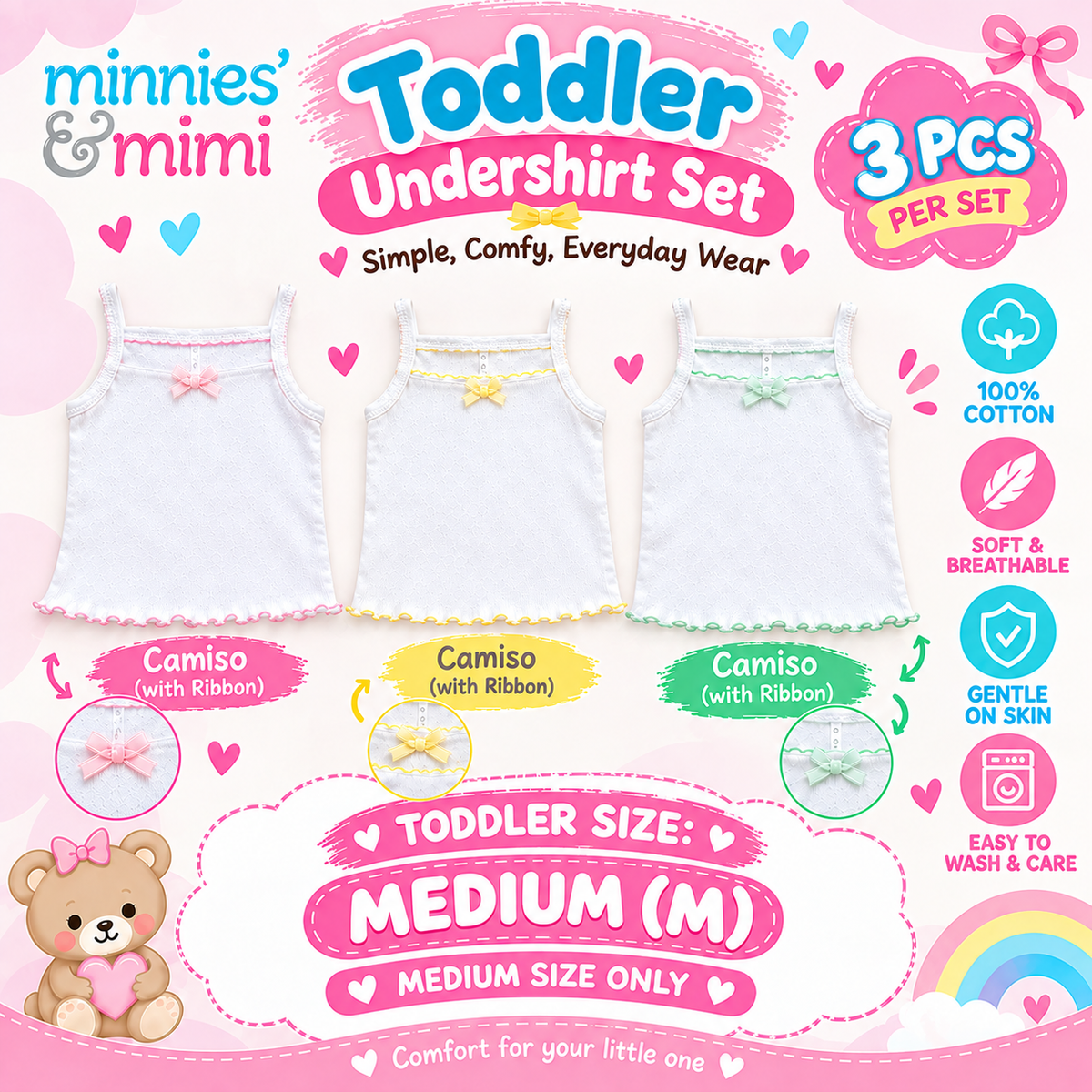 Minnies & Mimi Toddler Clothes Undershirt Set 3 Pcs Camiso with Ribbon 100% Cotton Size S,M,L T-3206