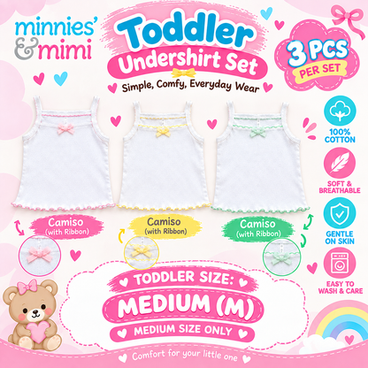Minnies & Mimi Toddler Clothes Undershirt Set 3 Pcs Camiso with Ribbon 100% Cotton Size S,M,L T-3206