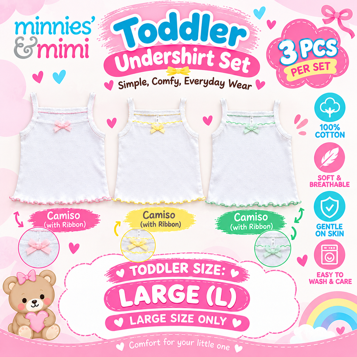 Minnies & Mimi Toddler Clothes Undershirt Set 3 Pcs Camiso with Ribbon 100% Cotton Size S,M,L T-3206