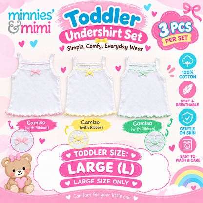 Minnies & Mimi Toddler Clothes Undershirt Set 3 Pcs Camiso with Ribbon 100% Cotton Size S,M,L T-3206