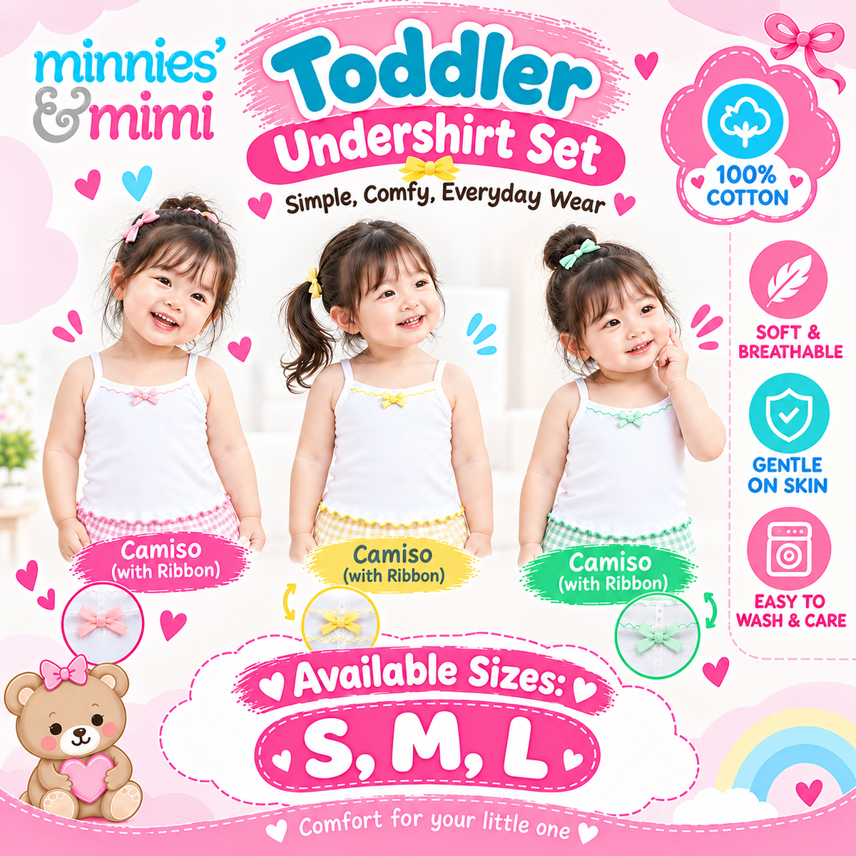 Minnies & Mimi Toddler Clothes Undershirt Set 3 Pcs Camiso with Ribbon 100% Cotton Size S,M,L T-3206
