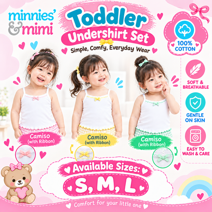 Minnies & Mimi Toddler Clothes Undershirt Set 3 Pcs Camiso with Ribbon 100% Cotton Size S,M,L T-3206