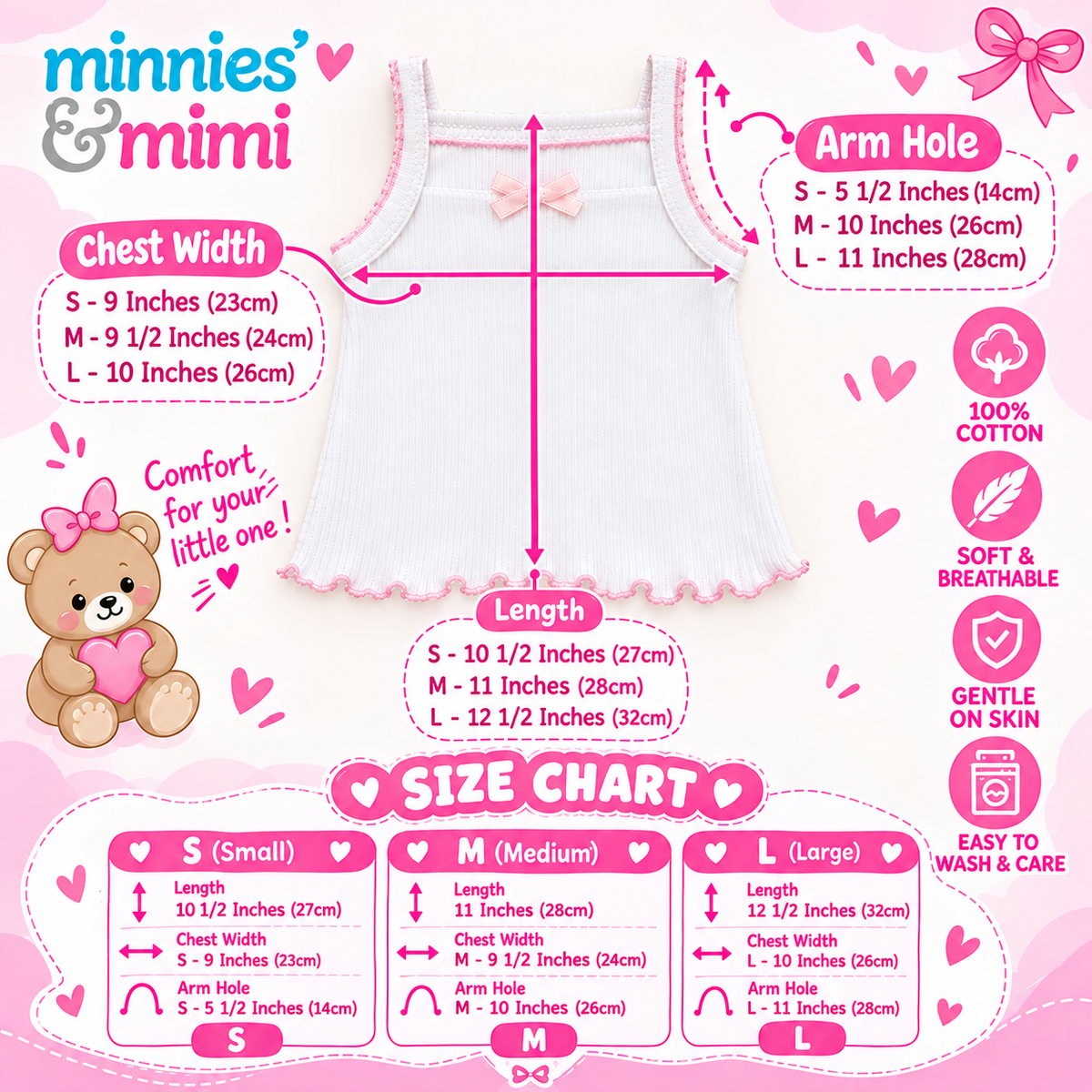 Minnies & Mimi Toddler Clothes Undershirt Set 3 Pcs Camiso with Ribbon 100% Cotton Size S,M,L T-3206