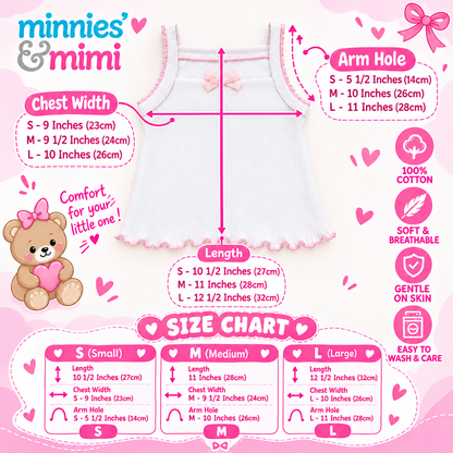 Minnies & Mimi Toddler Clothes Undershirt Set 3 Pcs Camiso with Ribbon 100% Cotton Size S,M,L T-3206