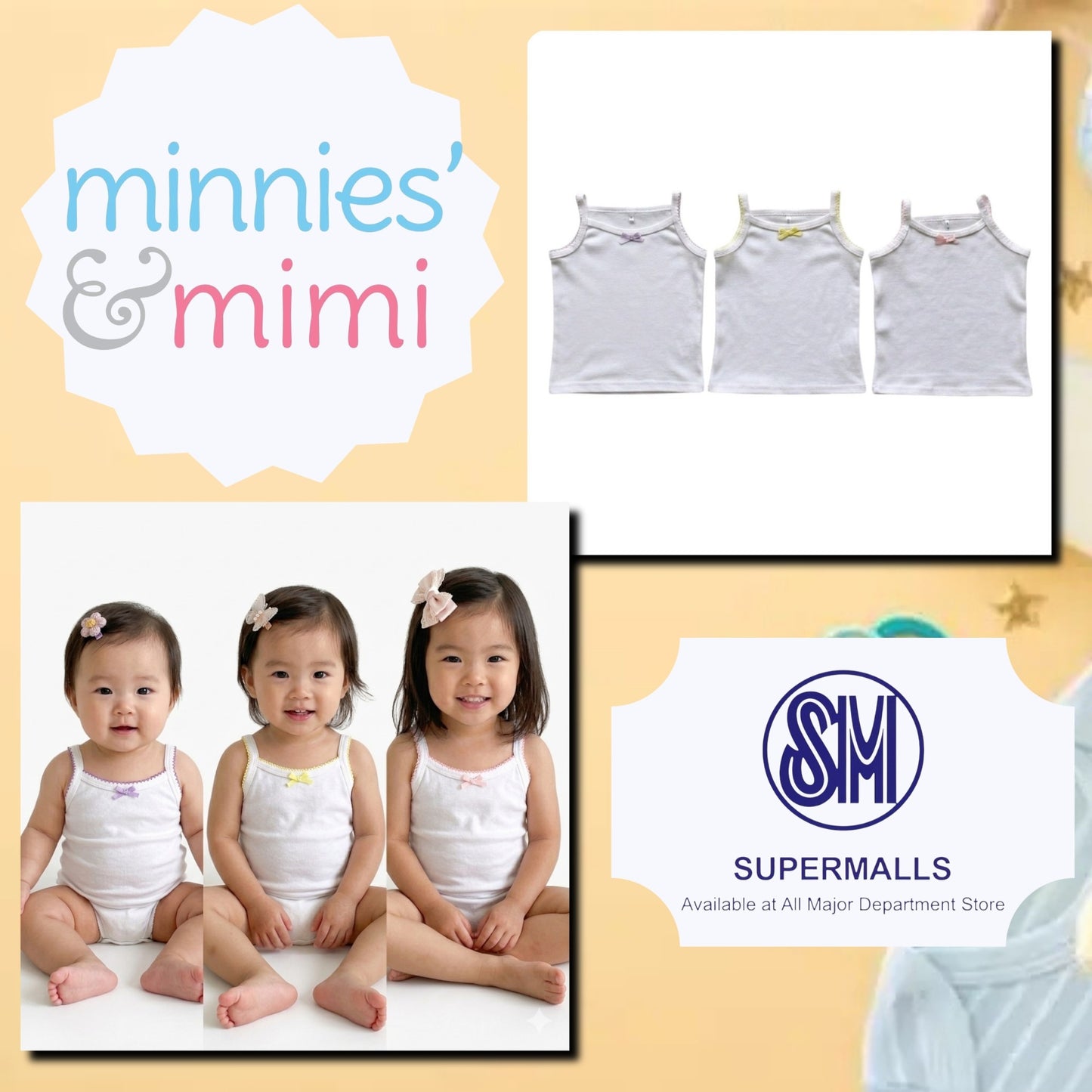 Minnies' & Mimi Cotton Tank Top Stretchable Spaghetti Strap with Small Ribbon and Fagoting for Toddlers (6m to 2yrs old) Avail. P,Y.V Size S/M/L 1PCS