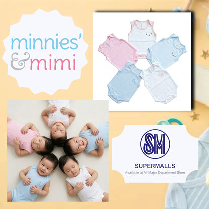 Ultra-Soft Sleeveless Onesie Romper N-1017 Minnies' & Mimi in Blue Pink White with Piping 1pc for Babies 0-12 Months with Random Print