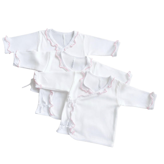 Minnies' & Mimi Tie Side Long Sleeves with Pink Ruffles 3Pcs for 0-3 Months New Born Infant Available in Small Medium Large Color White Pink