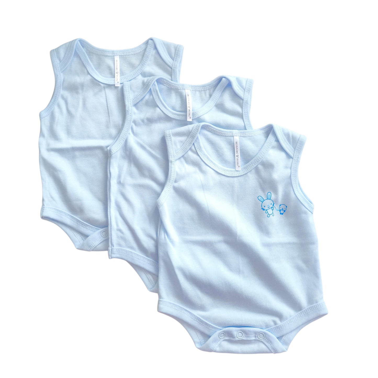 Minnies' & Mimi Ultra-Soft Sleeveless Onesie Romper in Blue Pink White with Piping 3pcs for Babies 0-12 Months with Random Print