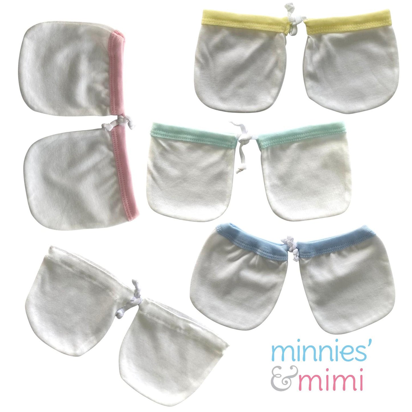 Minnies' & Mimi Cotton Mittens with Color Piping for Newborn Babies for 0-6 Months Available in W, WB, WP, WY,WM, P,B,Y,MG
