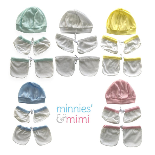Minnies' & Mimi Cotton Accessories Bonnets Booties and Mittens Set with Colored Piping For New Born Infants Babies 0 to 6 Months Available In White Blue Pink Yellow and Mint Green