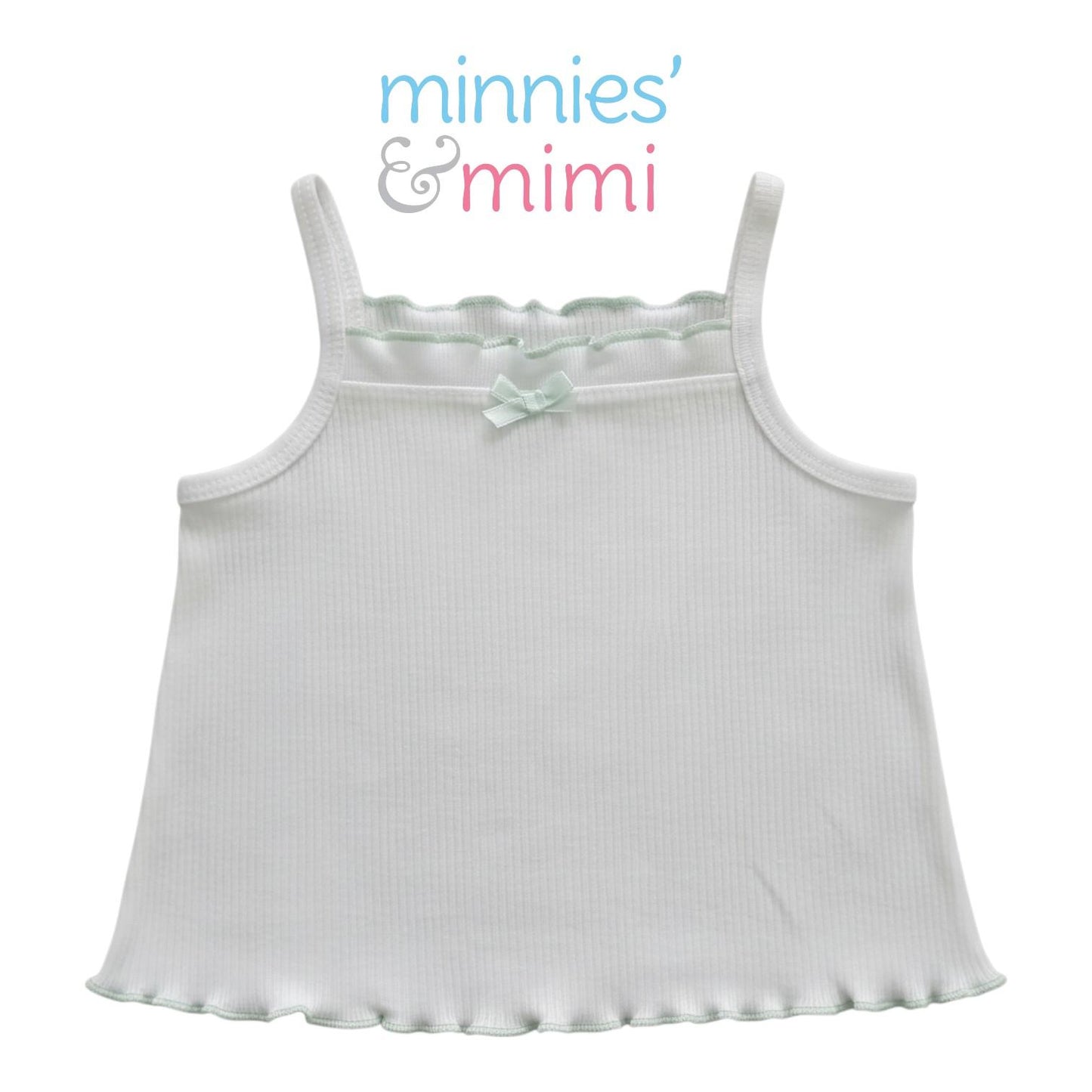 Minnies' & Mimi Stretchable Cotton Tank Top Spaghetti Strap with Ribbon Lettuce Design for Toddlers 6 Months to 2 Years Old Available in Mint Green, Yellow and Pink Size Small Medium Large