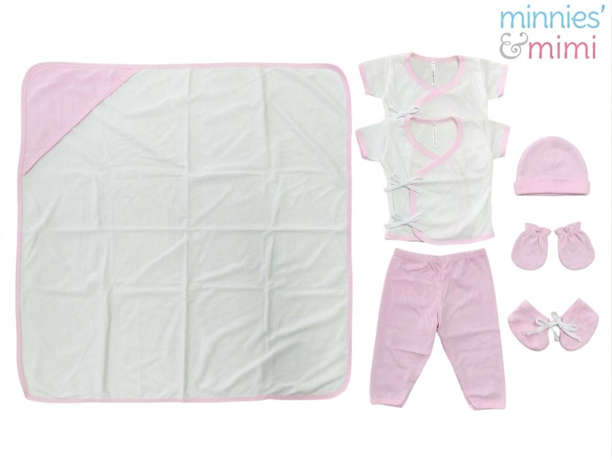 Minnies' & Mimi TieSide Shortsleeves W/ Pajama Matching Blanket, Bonnet, Booties, Mittens, Available White Pink, White, White Blue SET For Newborn Size XS