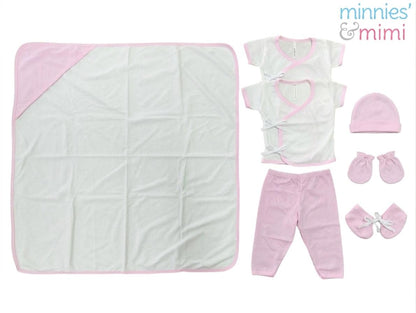 Minnies' & Mimi TieSide Shortsleeves W/ Pajama Matching Blanket, Bonnet, Booties, Mittens, Available White Pink, White, White Blue SET For Newborn Size XS