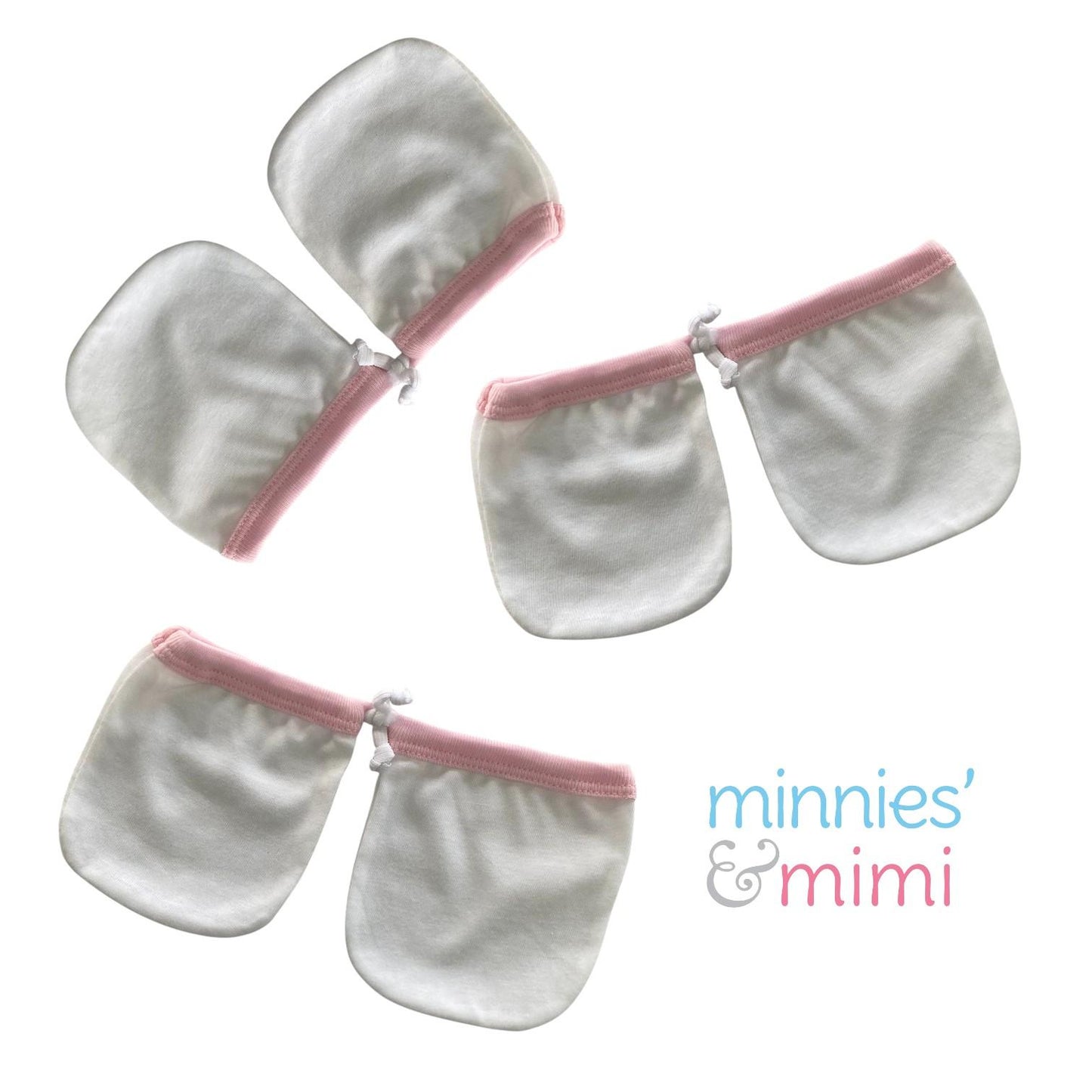 Minnies' & Mimi Cotton Mittens with Color Piping for Newborn Babies for 0-6 Months by 3 Pcs Available in W, WB, WP, WY and MG,P,B,Y,MG