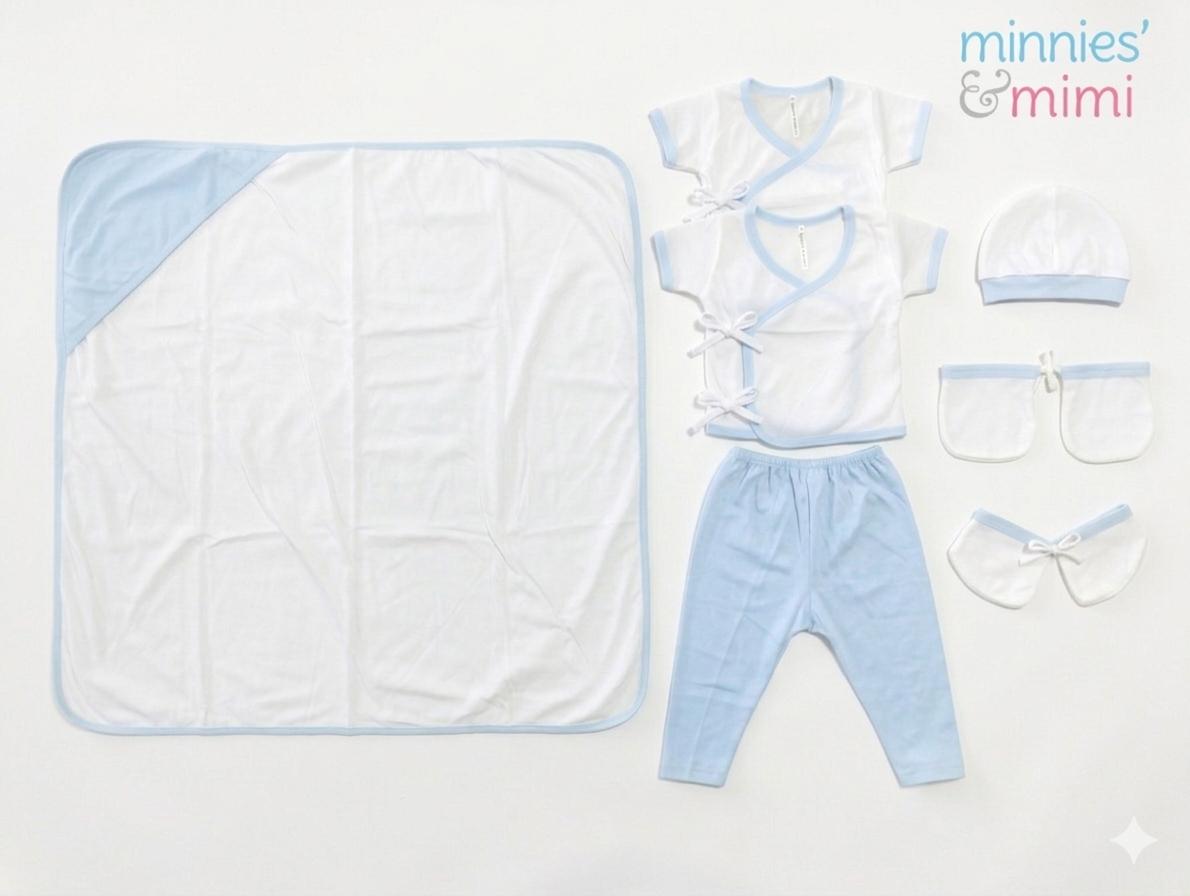 Minnies' & Mimi TieSide Shortsleeves W/ Pajama Matching Blanket, Bonnet, Booties, Mittens, Available White Pink, White, White Blue SET For Newborn Size XS