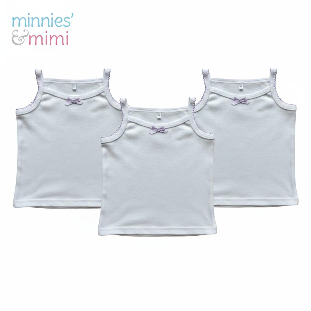 Minnies' & Mimi Cotton Tank Top stretchable Spaghetti Strap with Small Ribbon and Fagoting for Toddlers (6m to 2yrs old) Avail. P,Y.V Size S/M/L 3PCS