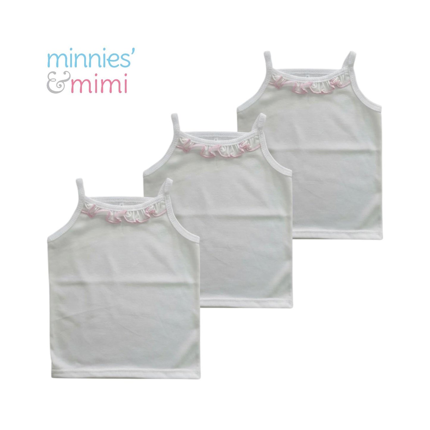 Minnies' & Mimi Tank Top Spaghetti Strap with Pink Ruffles for Toddlers 6 Months up to 2 Years of Age by 3pcs Available in Small Medium Large Color White Pink