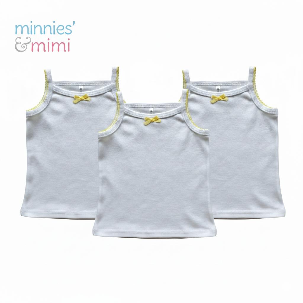 Minnies' & Mimi Cotton Tank Top stretchable Spaghetti Strap with Small Ribbon and Fagoting for Toddlers (6m to 2yrs old) Avail. P,Y.V Size S/M/L 3PCS