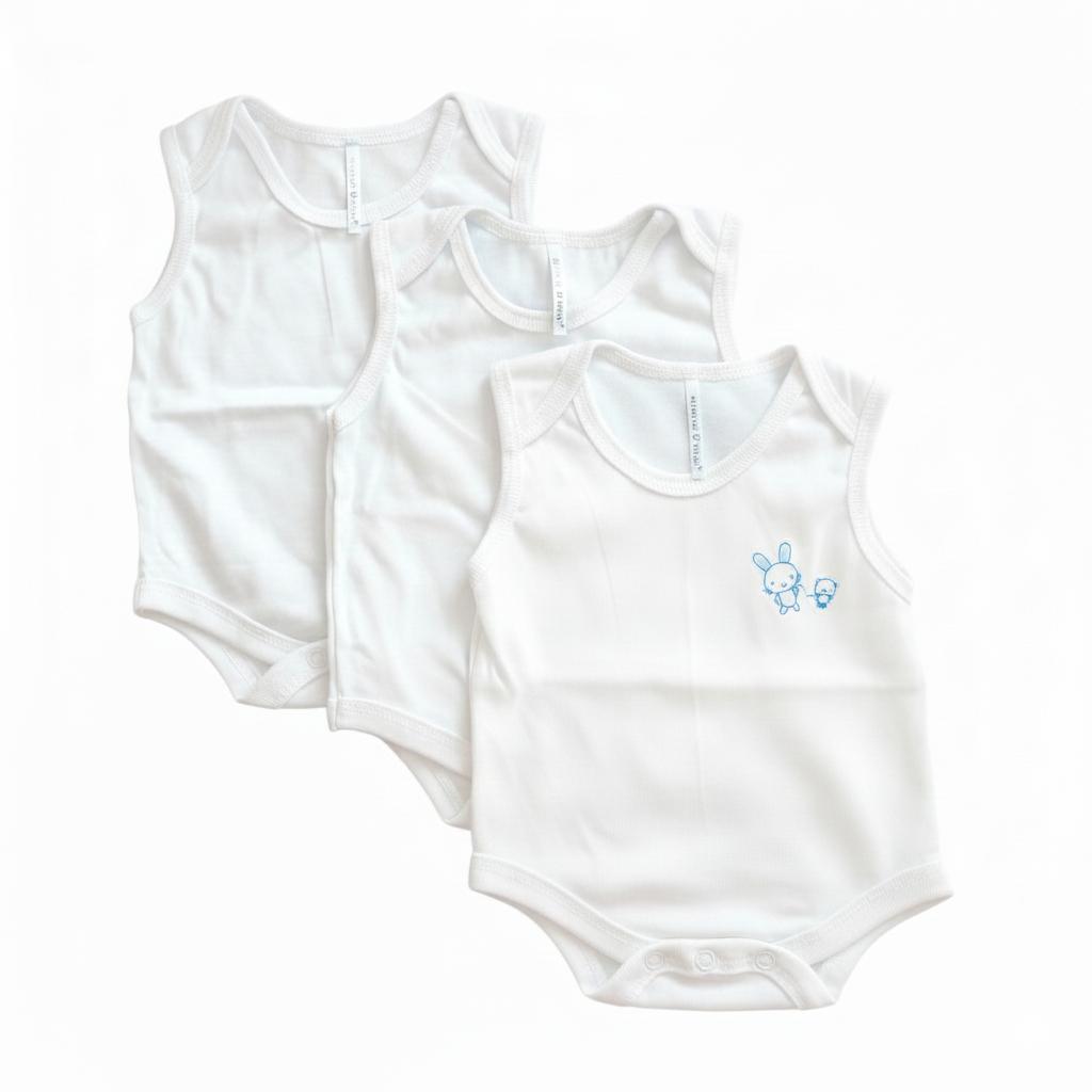 Minnies' & Mimi Ultra-Soft Sleeveless Onesie Romper in Blue Pink White with Piping 3pcs for Babies 0-12 Months with Random Print