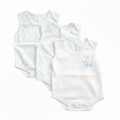 Minnies' & Mimi Ultra-Soft Sleeveless Onesie Romper in Blue Pink White with Piping 3pcs for Babies 0-12 Months with Random Print