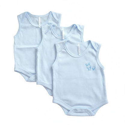 Minnies' & Mimi Ultra-Soft Sleeveless Onesie Romper in Blue Pink White with Piping 3pcs for Babies 0-12 Months with Random Print