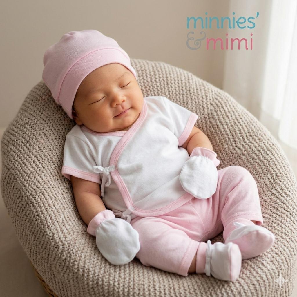 Minnies' &amp; Mimi TieSide Shortsleeves W/ Pajama Matching Bonnet, Booties, Mittens Available White Pink, White, White Blue SET For Newborn Size XS make description