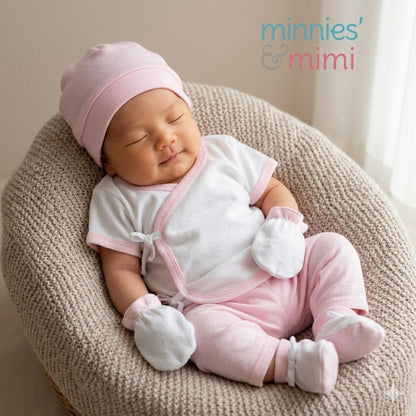 Minnies' &amp; Mimi TieSide Shortsleeves W/ Pajama Matching Bonnet, Booties, Mittens Available White Pink, White, White Blue SET For Newborn Size XS make description