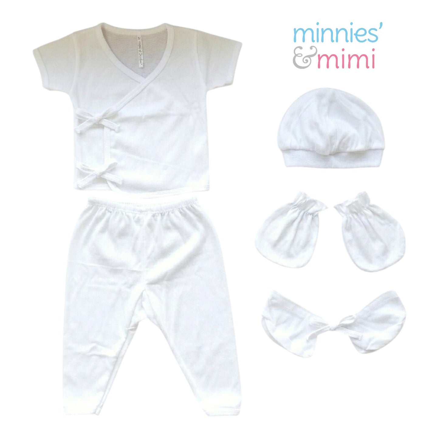 Minnies' &amp; Mimi TieSide Shortsleeves W/ Pajama Matching Bonnet, Booties, Mittens Available White Pink, White, White Blue SET For Newborn Size XS make description