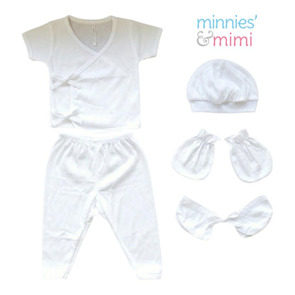 Minnies' &amp; Mimi TieSide Shortsleeves W/ Pajama Matching Bonnet, Booties, Mittens Available White Pink, White, White Blue SET For Newborn Size XS make description