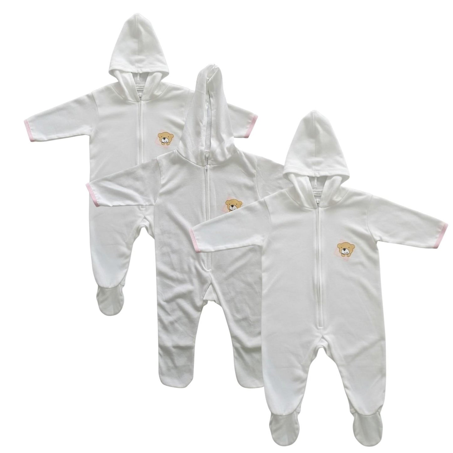 Minnies' and Mimi Onesies Full Body Jump Suit Long Sleeves Cotton by 3 Pcs for 0-3 Months New Born Available in Pink, Blue, Mint Green Yellow White also with Piping Design