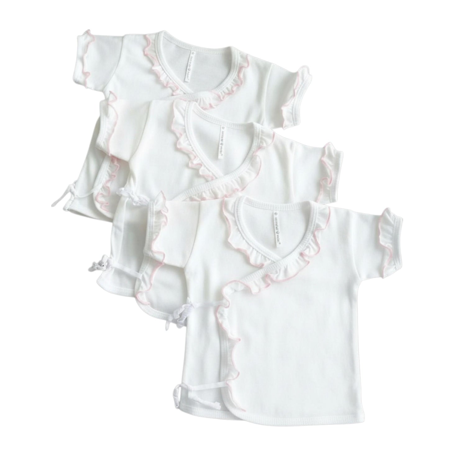 Minnies' & Mimi Tie Side Short Sleeves with Pink Ruffles 3pcs for New Born Infant Available Small Medium Large Color White Pink
