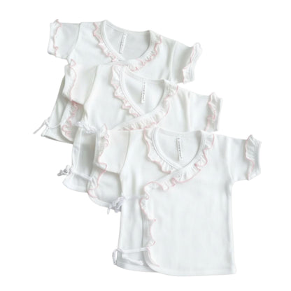 Minnies' & Mimi Tie Side Short Sleeves with Pink Ruffles 3pcs for New Born Infant Available Small Medium Large Color White Pink