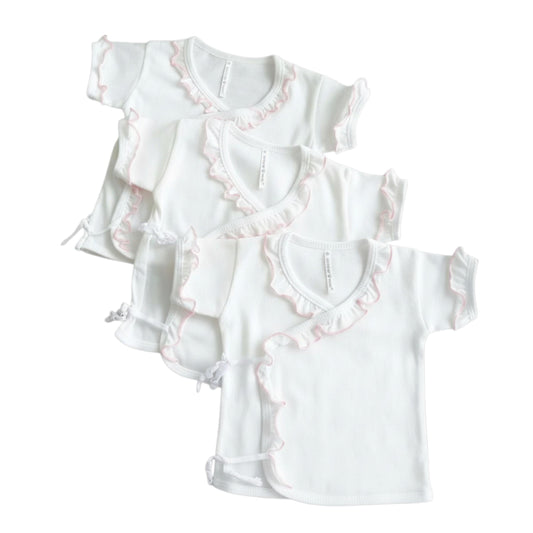 Minnies' & Mimi Tie Side Short Sleeves with Pink Ruffles 3pcs for New Born Infant Available Small Medium Large Color White Pink