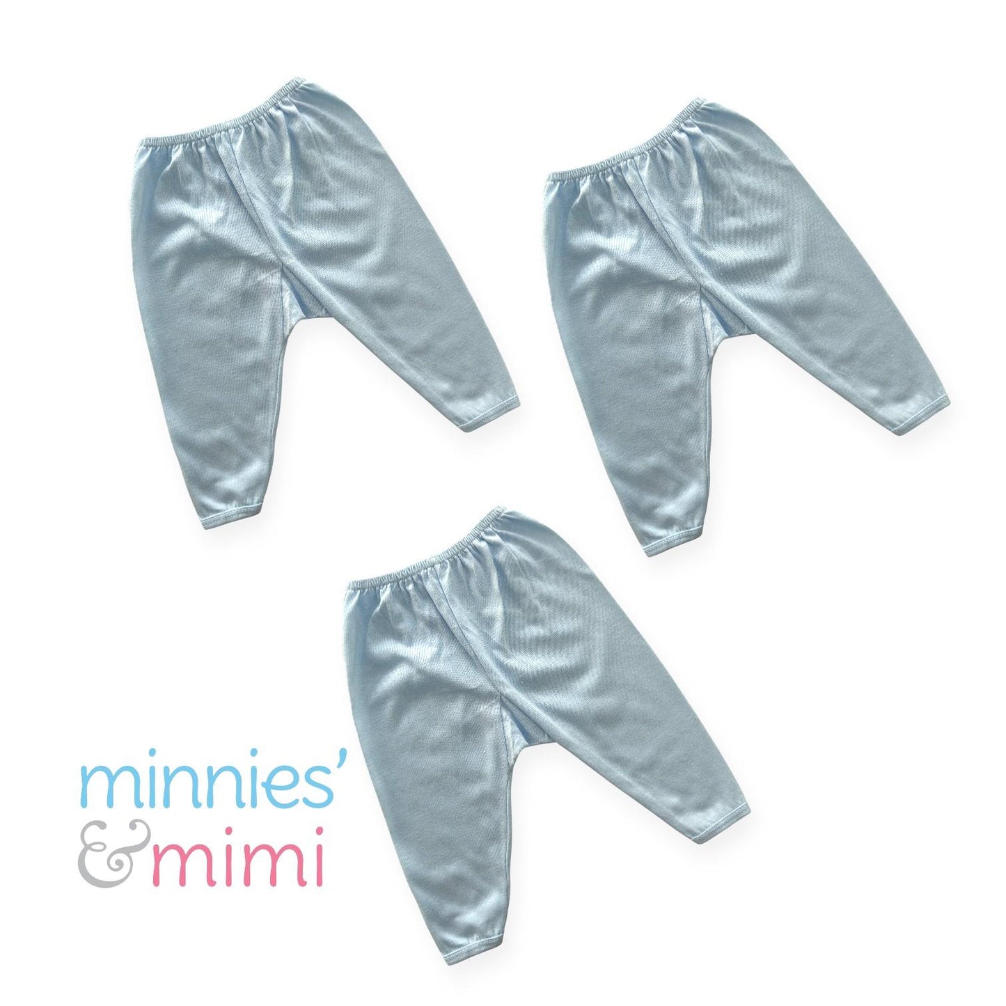 Minnies' & Mimi Cotton New Born Pajama Bottoms For 0-6 Months by 3pcs Available in White, Mint Green, Blue, Yellow and Pink