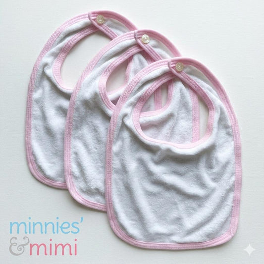 Minnies' & Mimi Cotton Towellette Bibs w/ Button for Newborns, Infants, Toddlers (0–6 Months) (6–12 Months) (1–3 Years) Available W,WP,WB 3pcs