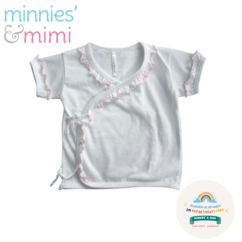 Minnies' & Mimi Tie Side Short Sleeves with Pink Ruffles 1Pc for Newborn Infant Available Small Medium Large Color White Pink