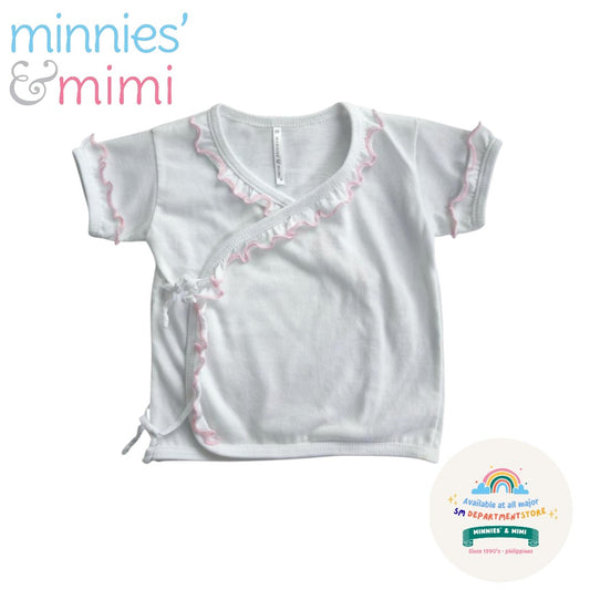 Minnies' & Mimi Tie Side Short Sleeves with Pink Ruffles 1Pc for Newborn Infant Available Small Medium Large Color White Pink